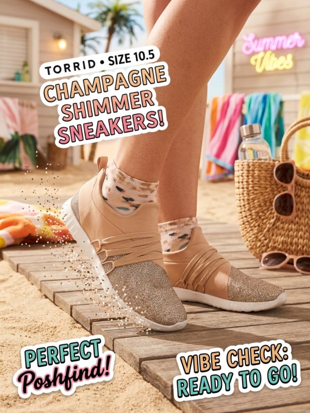 TORRID Size 10.5 W Tan Champagne Shimmer Glitter Slip On Sneakers Wide Width